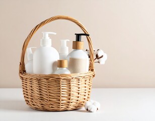 A woven basket filled with an assortment of luxurious items, including fragrant soap bars, soothing lotion bottles, and decorative bath accessories.