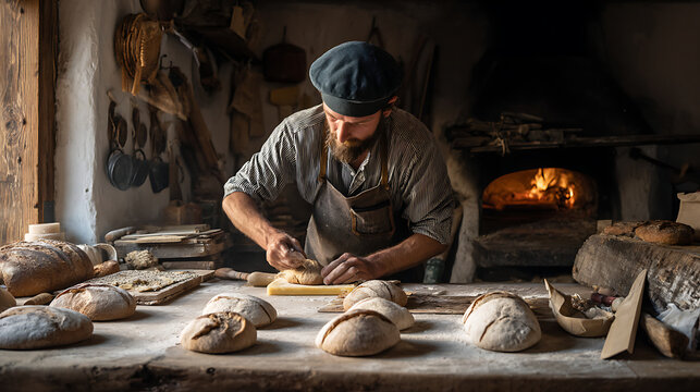 A baker is preparing fresh bread in his bakery 