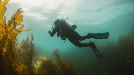 Underwater diver exploring kelp forest.