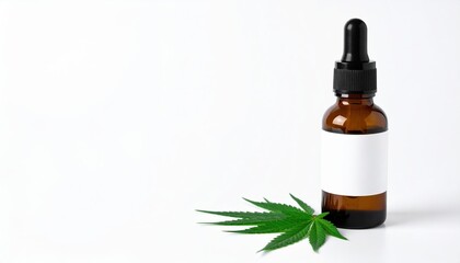 A small amber glass bottle of CBD oil sits on a wooden surface, adorned with a green cannabis leaf beside it, highlighting its natural origins.