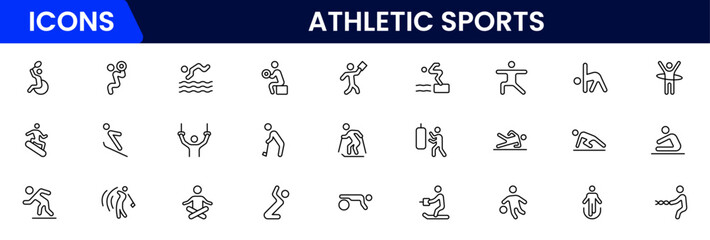Athletic Sports Icons vector illustration with thin line editable stroke contain medal, football, basketball, cycling, athlete, racket, table tennis, sparing, cardio, gym, weight training, golf 