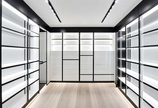 A walk in pantry with white shelves and drawers.