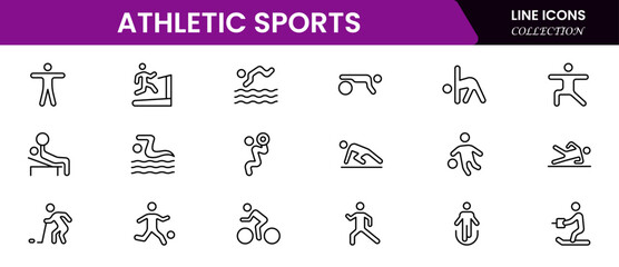 Athletic Sports Icons vector illustration with thin line editable stroke contain medal, football, basketball, cycling, athlete, racket, table tennis, sparing, cardio, gym, weight training, golf 