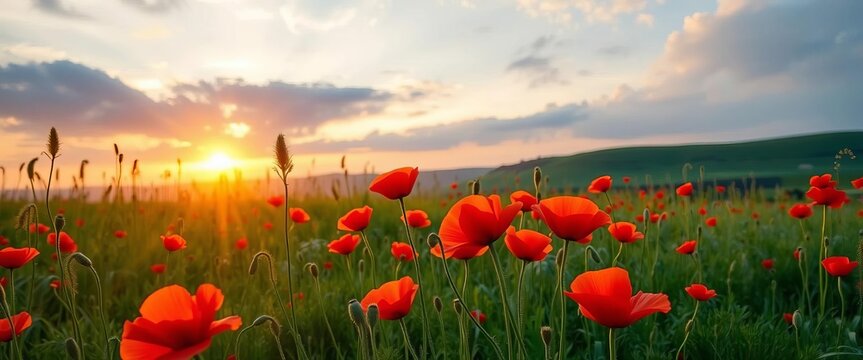 Sunrise illuminates vibrant red poppies in a wildflower meadow, Peak District, Baslow, Derbyshire,  dawn,  Baslow