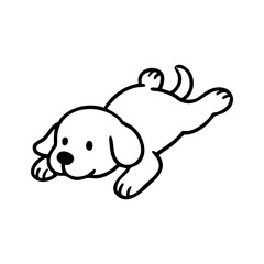 A relaxed dog lying on its back, legs sprawled, tongue hanging out while sleeping peacefully, simple and cute line drawing.