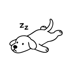 A relaxed dog lying on its back, legs sprawled, tongue hanging out while sleeping peacefully, simple and cute line drawing.