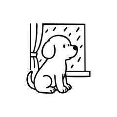 A thoughtful dog with paws on the windowsill, watching raindrops, cozy posture and peaceful vibe, simple black and white.