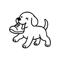 A dog trotting with a shoe in its mouth, tail wagging and eyes full of mischief, outlined in playful, clean lines.