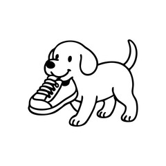 A dog trotting with a shoe in its mouth, tail wagging and eyes full of mischief, outlined in playful, clean lines.