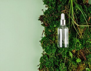 A clear bottle of water rests atop vibrant green moss, glistening in soft sunlight, surrounded by delicate forest foliage and earthy textures.