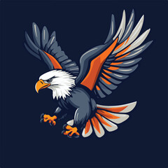 Fototapeta premium Cartoon Bald Eagle Landing With Spread Wings On Blue Background Vector Illustration Mascot Style Design