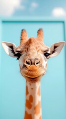 Closeup Portrait of a Giraffe Against a Light Blue Background