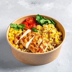 A vibrant bowl filled with tender chicken and flavorful quinoa, served over a bed of fluffy white rice, garnished with fresh herbs and spices.