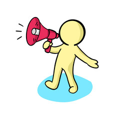 Simple cartoon figure holding a megaphone in a dynamic pose representing communication, announcement, and engagement for various creative projects