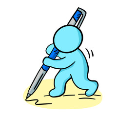 Cartoon character drawing with a blue pen on a yellow sheet of paper, showcasing creativity and artistic expression in a playful way