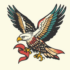 Traditional Tattoo Style Eagle With Banner In Flight Vector Graphic Illustration