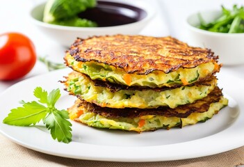 A stack of zucchini fritters on a white plate.