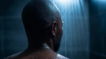 Man enjoying a relaxing shower with warm water streaming in a modern bathroom setting during evening hours - Powered by Adobe