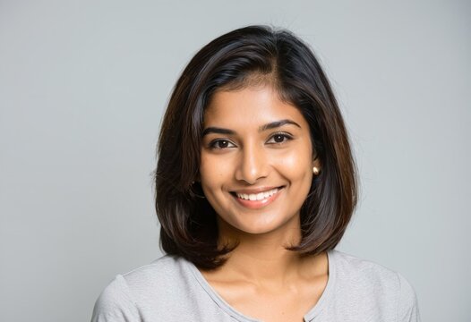 A smiling woman in a gray shirt.