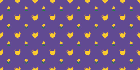 Seamless cartoon pattern with yellow chickens on dark purple background