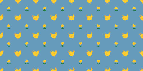 Seamless cartoon pattern with yellow chickens and flowers