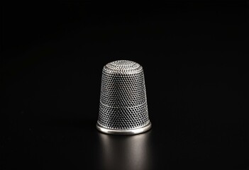 A silver thimble on a black surface.