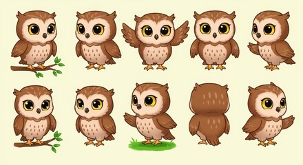 Obraz premium Adorable Cartoon Owl Poses for Kids - Cute owl illustrations, perfect for children's books, educational resources, and designs. Symbolizes wisdom, learning, nature, cuteness, and friendship