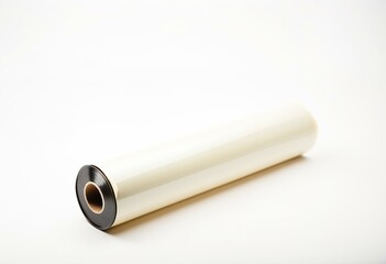 A roll of black tape on a white surface.