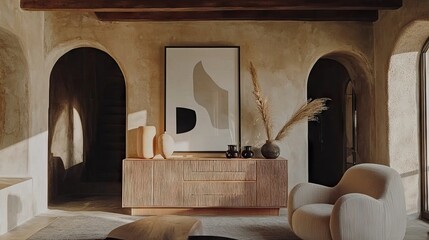 Warm, minimalist interior design of a living room.