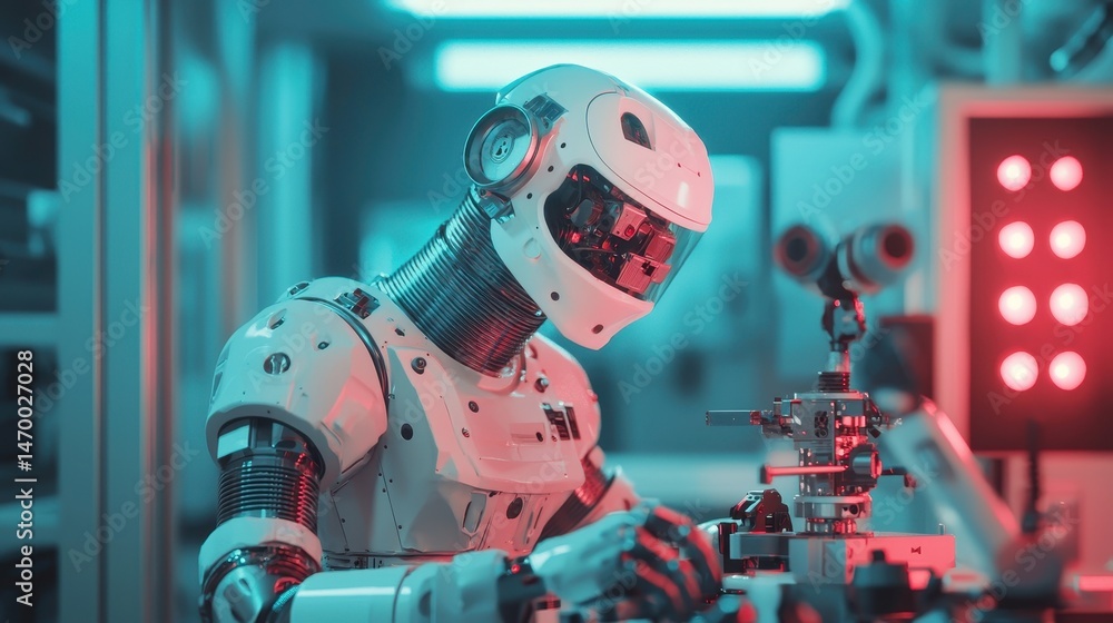 Fototapete A humanoid robot works with precision instruments in a futuristic laboratory setting, surrounded by advanced technology and glowing lights.