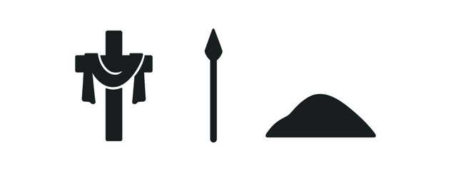 Christian cross, spear, stone - religious symbols in minimalist black icon
