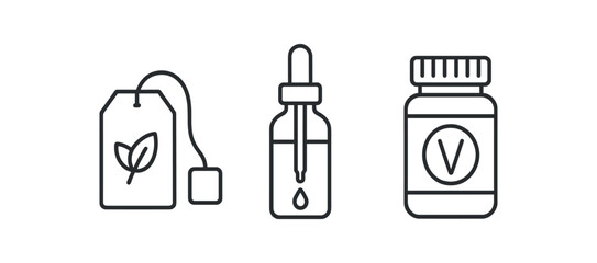 Fototapeta premium Herbal products icons: tea bag, dropper bottle, vitamin jar