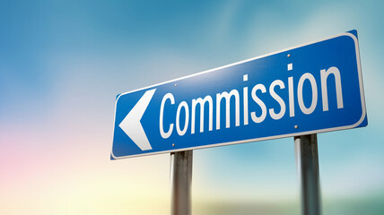 Blue road sign with white arrow and word "Commission", suggesting a direction or path towards a commission-related opportunity