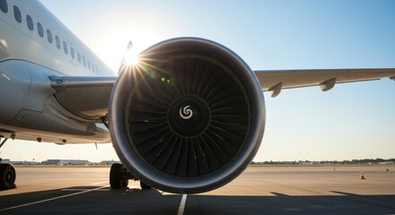 Airplane Engine Close Up - Close-up view of a modern airplane engine, showcasing intricate details and sunlight reflecting off its surface