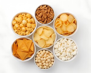  Assortment of Delicious Crispy Snacks in Small Bowls, Top View