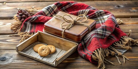Cozy autumn scene featuring a rustic wooden box with freshly baked cookies and a wrapped gift, nestled on a warm plaid throw