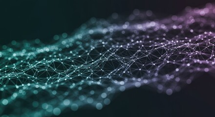 Abstract network of interconnected dots and lines with gradient colors.