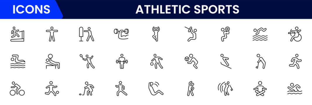 Athletic Sports Icons vector illustration with thin line editable stroke contain medal, football, basketball, cycling, athlete, racket, table tennis, sparing, cardio, gym, weight training, golf 