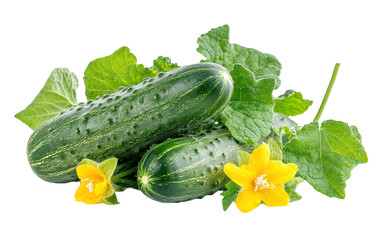 Fresh green cucumber with leaf and flower on white background.png
