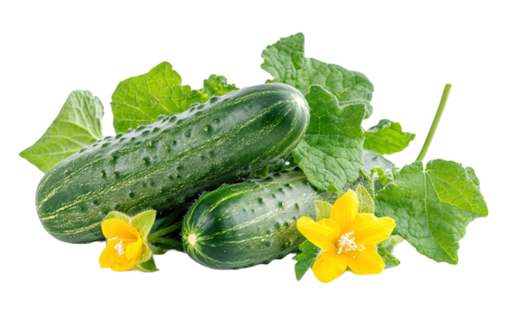 Fresh green cucumber with leaf and flower on white background.png