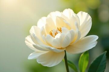 Creamy white peony petals, gentle curve, sunlight gleam, macro, floral background