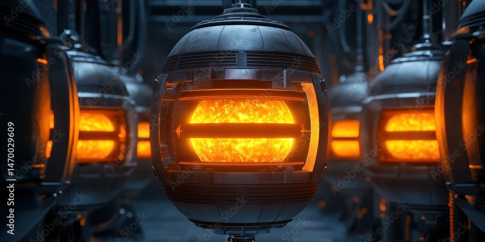 Poster a high-tech spherical reactor glows with intense orange light in a futuristic industrial environment