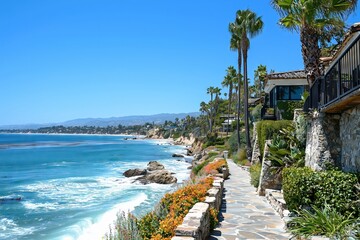 Naklejka premium Scenic Coastal Path with Luxury Homes and Ocean View