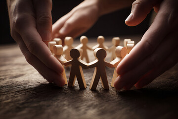 Hands protect wooden figures in a circle, concept of unity and support
