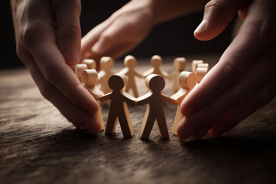 Hands protect wooden figures in a circle, concept of unity and support