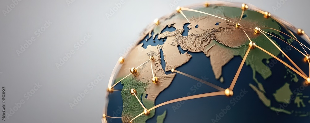 Aufkleber A digital rendering of a globe with interconnected nodes symbolizing global networks and connectivity.