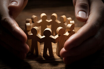 Hands safeguarding circle of wooden figures symbolizing unity and protection