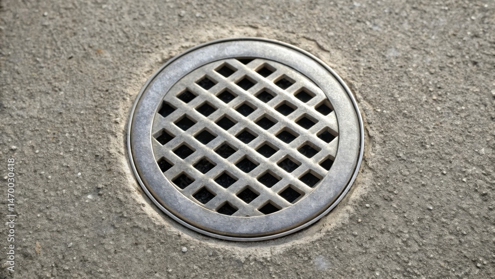 Poster Close-up view of a circular metal drain grate set into a textured surface.