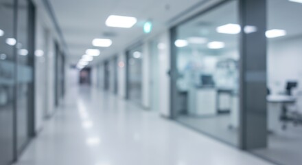 Blurred view of a modern office hallway with glass-walled offices.