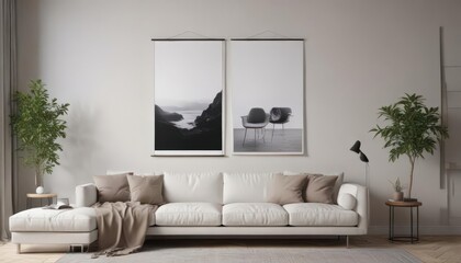 Modern living room, minimalist poster mockup hanging on clips,  blank poster,  image,  decor